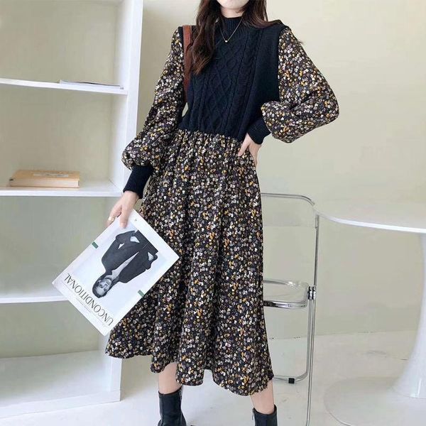 

casual dresses women 2021 autumn winter corduroy floral vintage knitted patchwork vestidos de mujer female sweet a-line dress e68, Black;gray