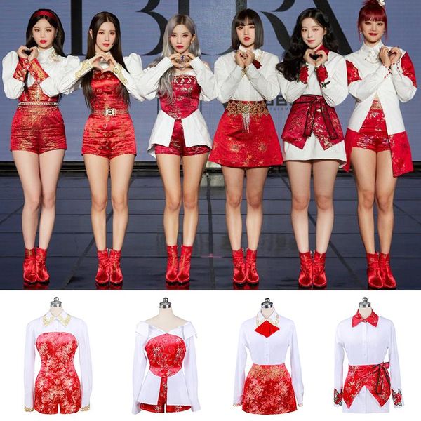 

women's tracksuits kpop gidle stage show white sweet long sleeve patchwork embroidery shirt blouses +red slim high waist shorts wom, Gray