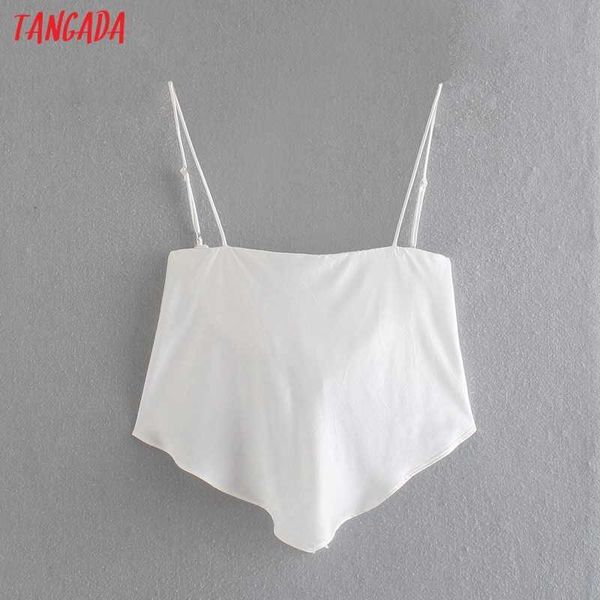 Tangada Women White Satin Camis Crop Top Spaghetti Strap senza maniche Backless Camicie corte Donna Casual Solid Top 4N78 210609