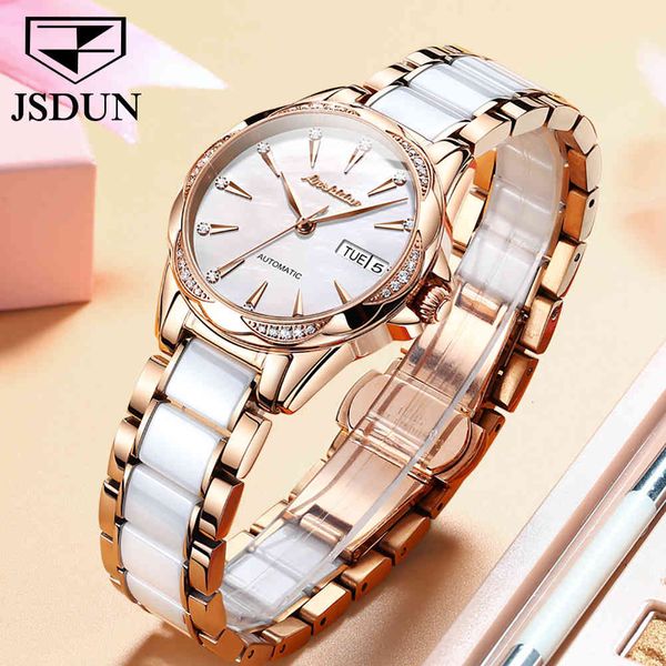 

jsdun dames mechanical clock rose gold rv ceramic fashion luxury brand ladies automatic, Slivery;brown