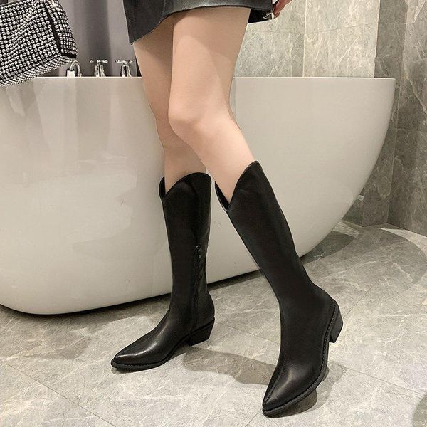 

boots heel thick women summer white british mid 2021 pointed high western cowboy, Black