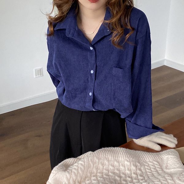 

2021 new spring autumn ol elegant solid basic corduroy shirt women blouses all-match lapel loose long sleeve thick irqx, Black