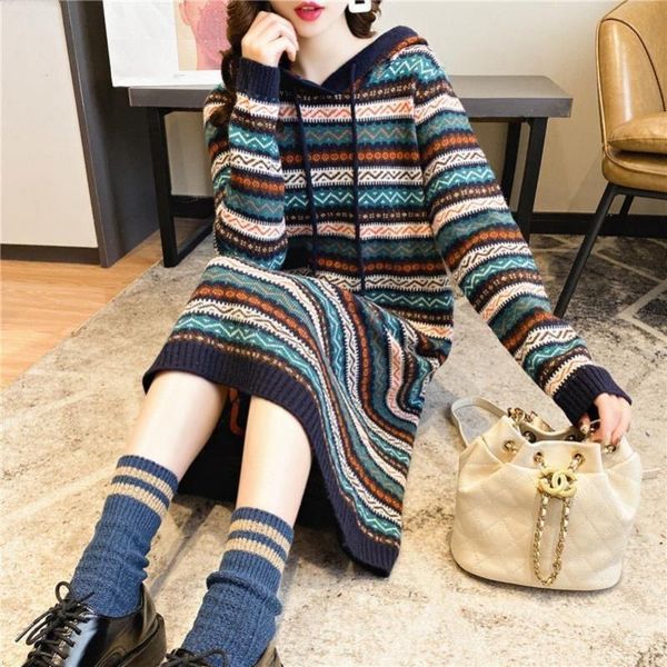 

women's sweaters 2021 autumn and winter super large size comfortable warm loose striped sweater dress ladies age reduction knee skirt, White;black