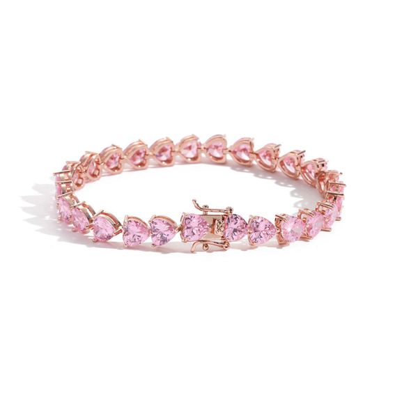 Braccialetti da tennis con catena a maglie da 7 mm Bracciale da uomo a forma di cuore d'amore Braccialetti con zirconi ghiacciati in oro rosa hip-hop