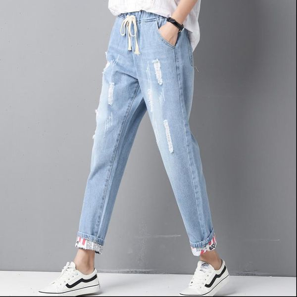 

xl 5xl autumn plus size women ripped jeans casual elastic wiast hole harem jean trouser ankle length female large denim pants, Blue