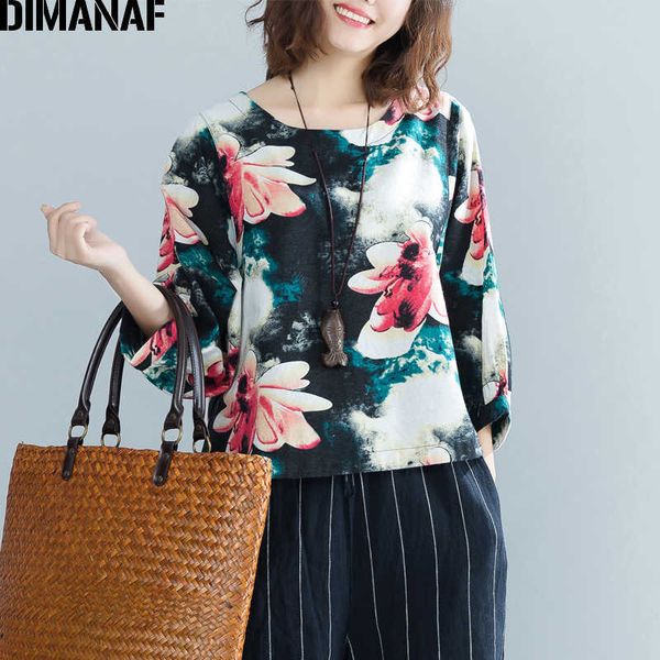 

women's blouse shirt plus size ladies female clothes loose vintage linen fashion print floral tunic tee autumn 210531, White