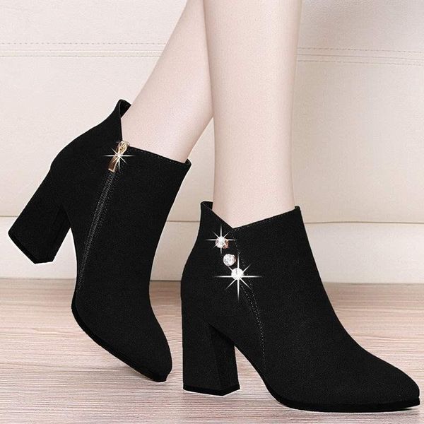

boots women comfy square high heel ankle fashion pointed toe zipper autumn winter ladies shoes 2021 mnb, Black