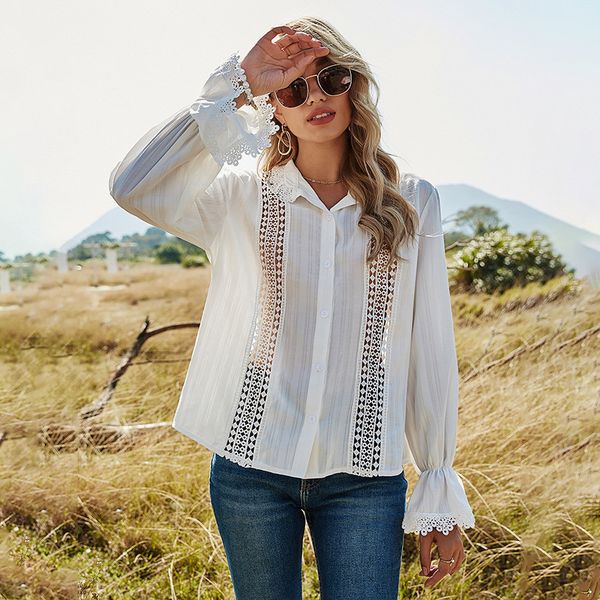 

fashion spring hollow out casual flare sleeve white blouse shirt for women 2021 new summer blouses nbkg, Black