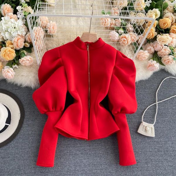 

deat 2021 spring new arrivals solid color stand collar puff sleeve zipper collect waist coat mz570, Black;brown