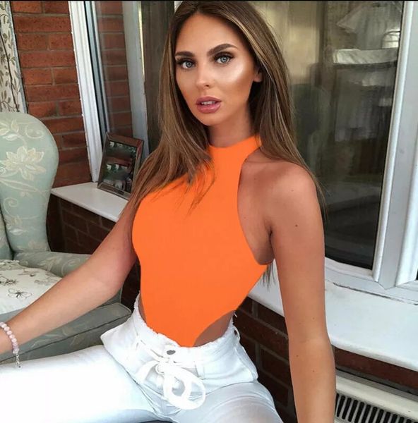 

women ladies sleeveless tank solid color high cut slim skinny bodycon club beach fashion halter bodysuits, White