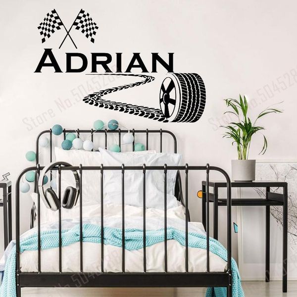 

wall stickers checkered flags decals personalized name nursery decor boy decal racing car race children's art z724