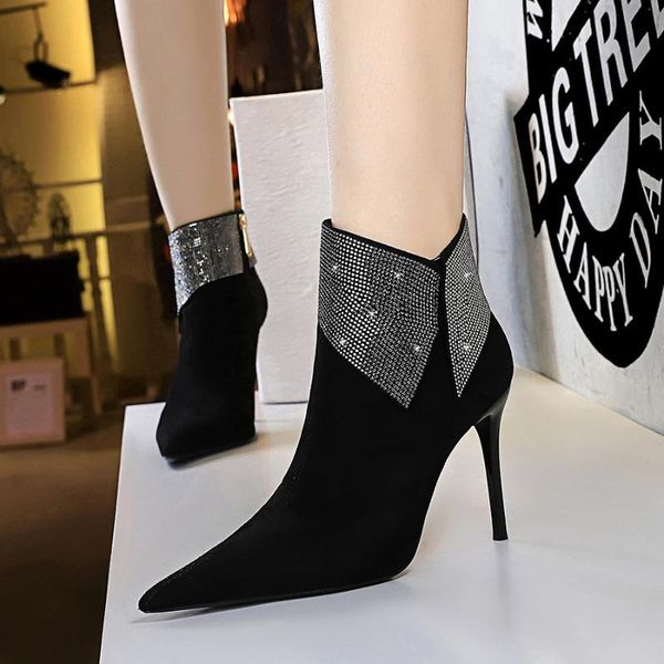 

boots lapel rhinestone ankle for women high heels pointed toe female party flock zipper ladies fashion crystal shoes, Black