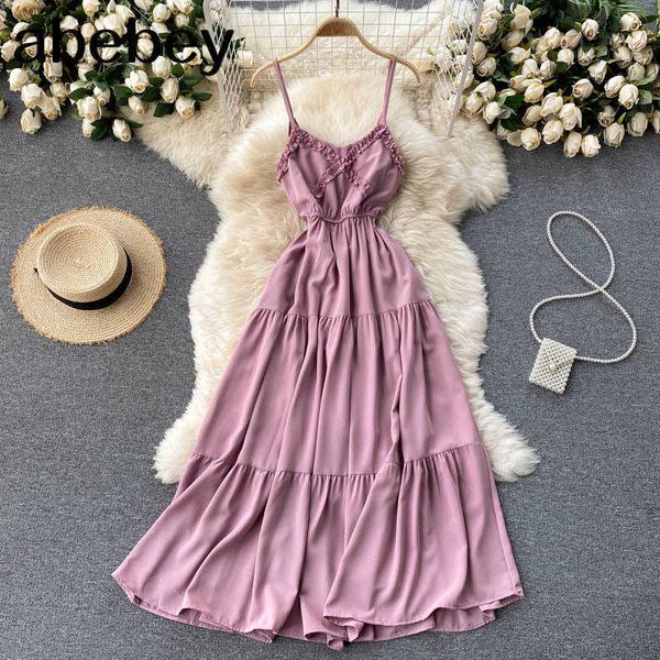 

sweet strap dress women korean v neck sleeveless a-line dresses summer fashion streetwear midi dress 210715, Black;gray