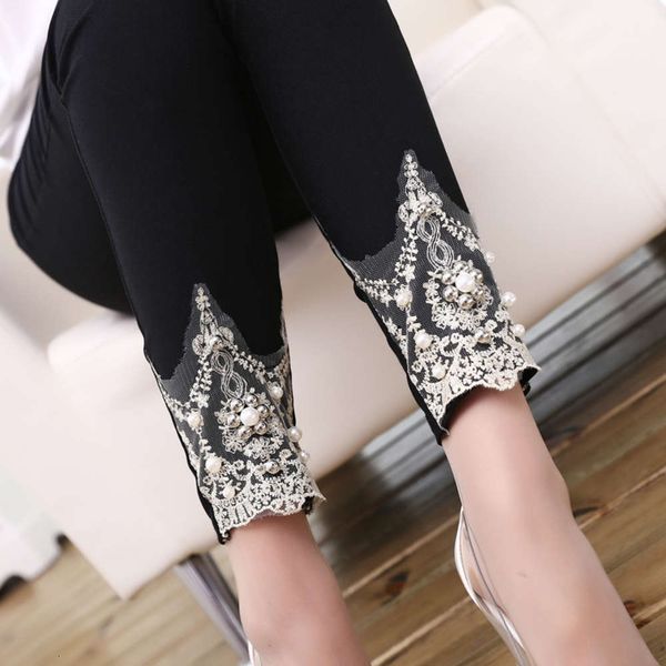 

2020 spring and autumn underpants wear thin lace hand-made beaded pants pencil black leggings