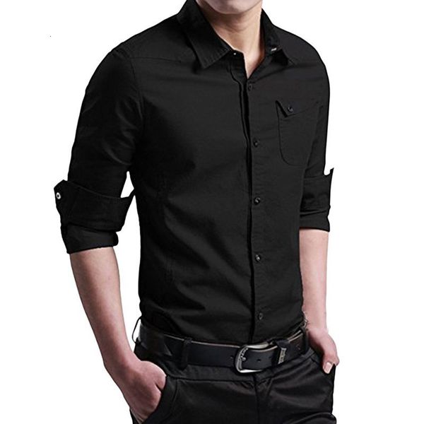 

fashion men shirt slim business pocket army green black men's shirts retrieve long mouw case clothing, White;black