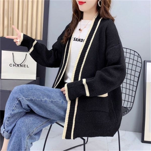 

luxury women's jackets sweater knitted 2021 autumn korean loose medium length v-neck pocket fashion cardigan coat women, Black;brown