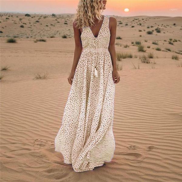 

women polka dot print long dress v-neck sleeveless summer beach bohemia sundress elegant evening party maxi white dresses casual, Black;gray