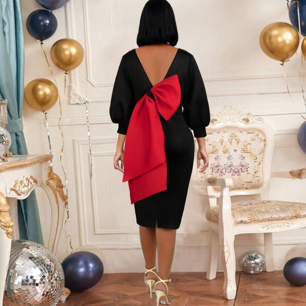 

casual dresses elegant women party puff sleeve big bow stitching backless dress cute ladies birthday dinner celebrity outfits xxxl, Black;gray