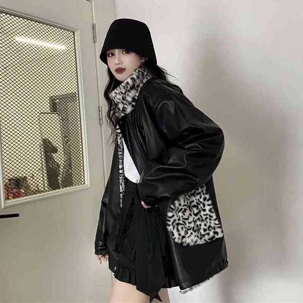 

women's sweaters leather coat women's autumn and winter korean version new loose, thin, plush thickened fashion trend motorcycle c, White;black
