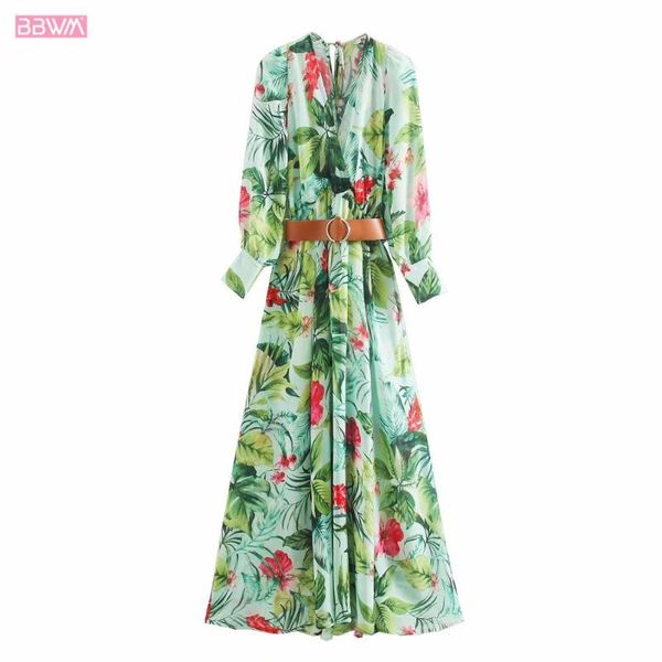 

casual dresses v-neck long sleeve belt with plant print women's dress national wind sweet beach vacation chic female, Black;gray