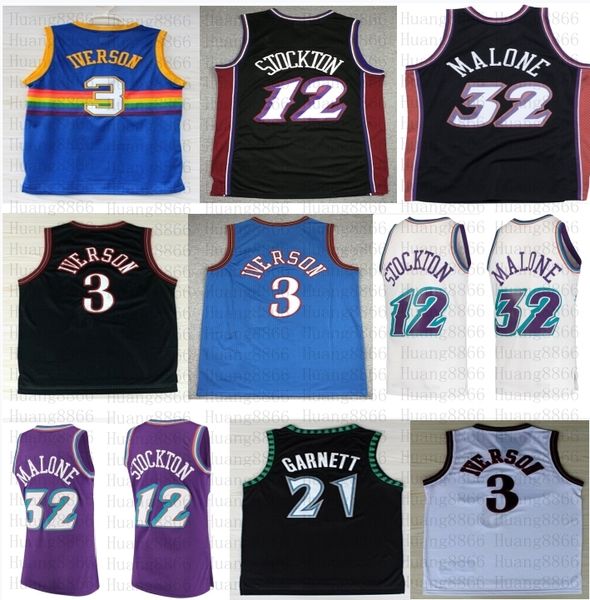 Camisa de basquete retrô costurada Allen Iverson Kevin Garnett John Stockton Karl Reggie Malone Miller shorts