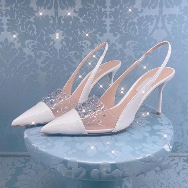 

dress shoes fariy style white patent leather rhinestone pvc transparent pumps back strap stiletto heel wedding crystal high heels, Black