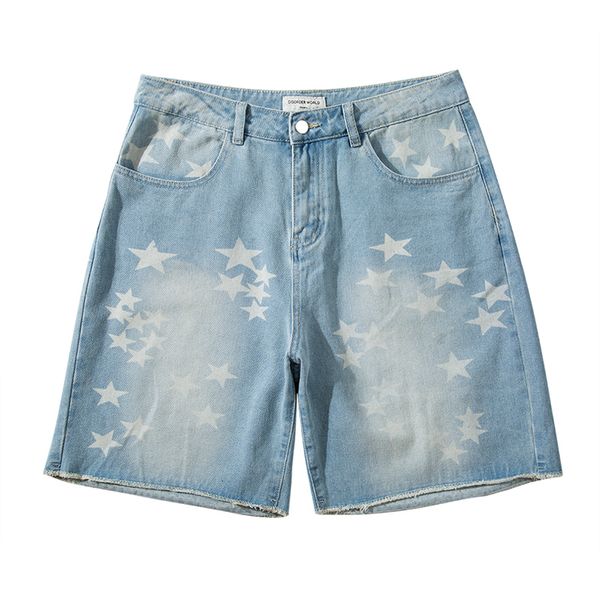 

2021 new original stars pattern washed jeans mens retro streetwear casual shorts oversize hip hop summer denim knee length pants eyxb, White;black