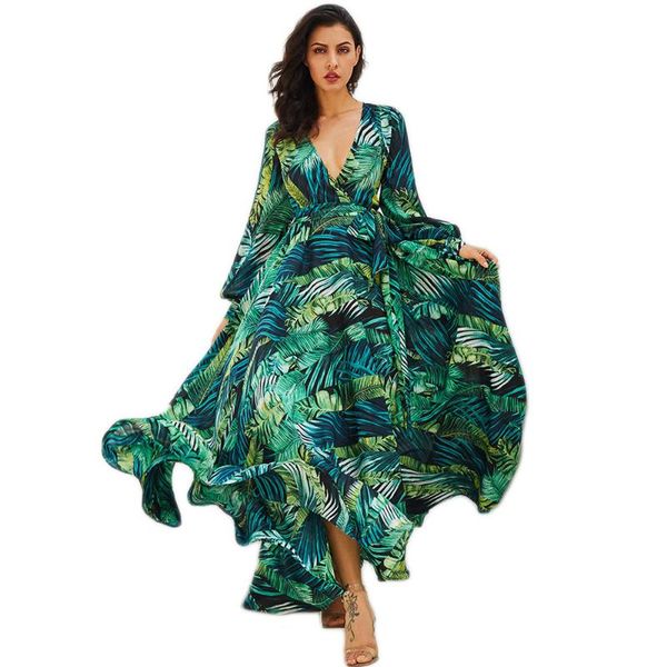 

casual dresses green purple maxi long sleeve boho v neck belt lace up tunic floral print plus size for women bridesmaid, Black;gray
