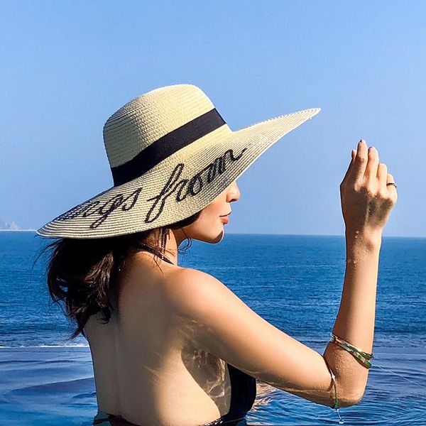 

wide brim hats 2021 floppy straw hat summer bohemia beach cap letter sequin chapeau beige sun for women, Blue;gray