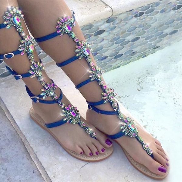 

summer flats sandal gladiator gold rhinestone knee high buckle strap woman boots crystal beach shoes plus size 43 210301, Black