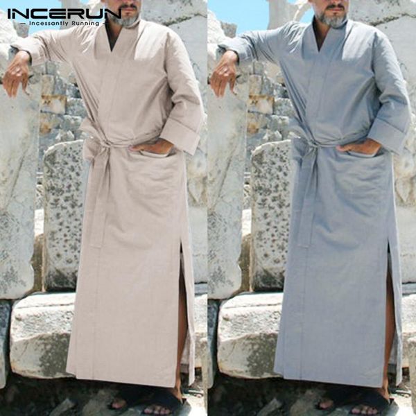 

men leisure solid color sleep robes incerun long sleeve v neck breathable nightgown mens splitting pockets honwear with belt 5xl, Black;brown
