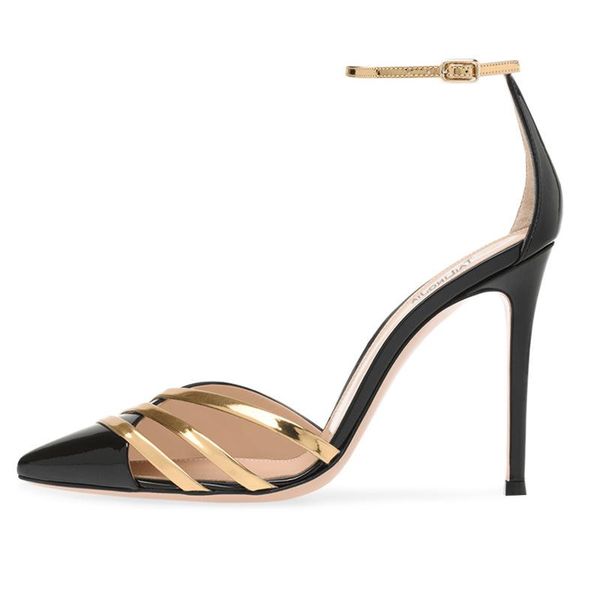 

sandals summer golden patent leather pointed toe stiletto single shoes with buckle fashion large size party dress wild female, Black