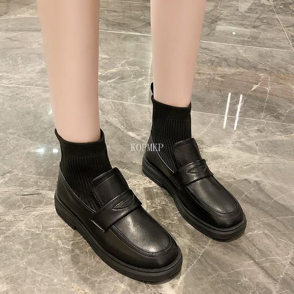 

boots fashion women's sock autumn winter high heels shoes short kopmkp square toe stretch fabric botines de mujer 2021, Black