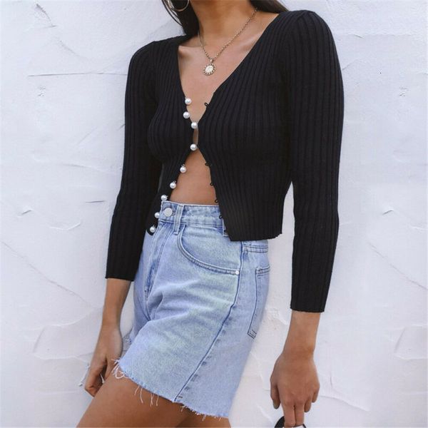 

women pearl button t-shirts casual restore long mouw effects color t-shirt crop top, White