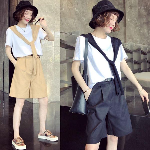 

summer fashion female short-sleeve and wide-leg shorts add shawl three-piece set women casual suit match belt y514 women's tracksuits, Gray