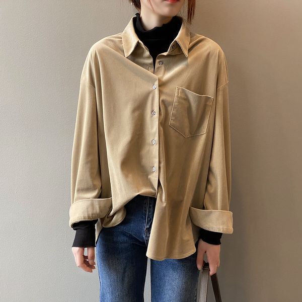 

new women 2021 autumn corduroy turn down collar pure color womens and blouses shirt blusas roupa feminina esi0, White