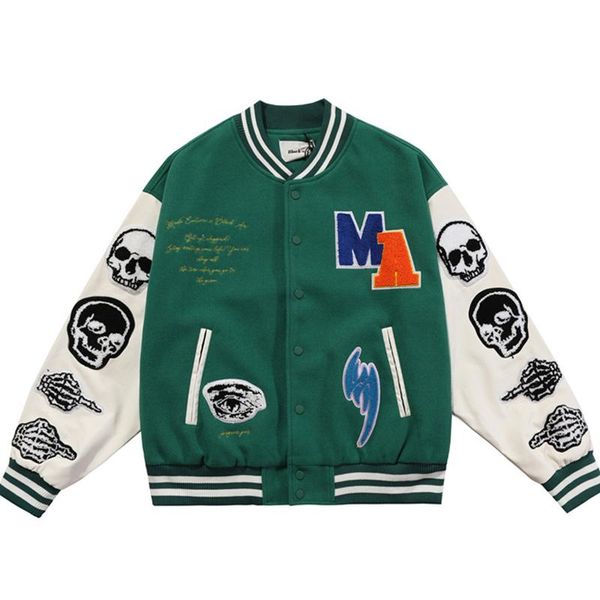 

men's jackets men skeleton embroidery varsity couple gothic hip hop pu leather stitching contrast baseball uniform retro clothes, Black;brown