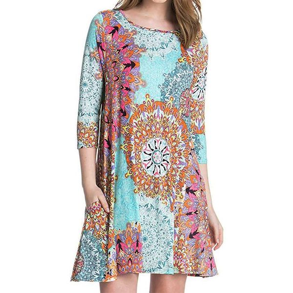 

casual dresses women's 3/4 sleeve midi party pocket ethnic printed mid-waist big swing dress women 2021 for beach, Black;gray