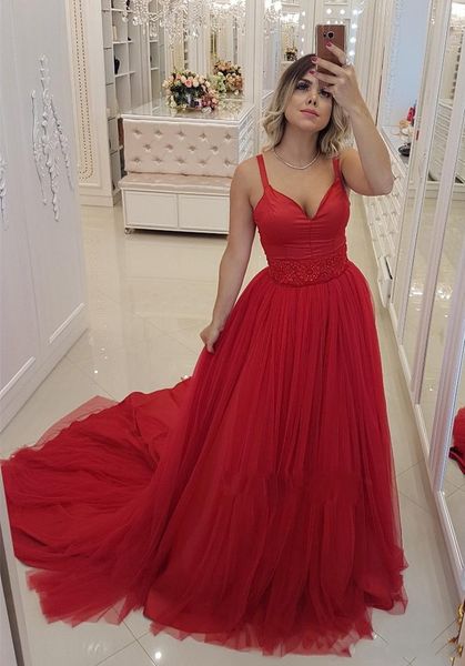 

red spaghetti neck long prom dresses with beads sweep train backless tulle formal evening party gowns, Black