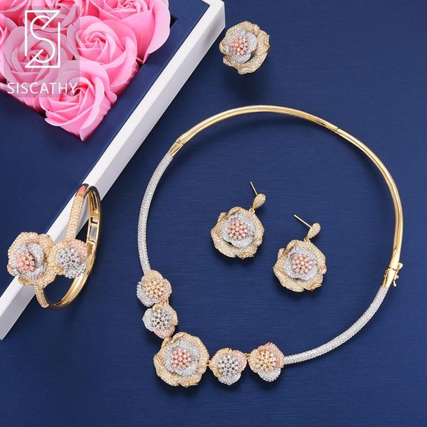

earrings & necklace siscathy fashion jewelry sets cubic zirconia inlaid women collar bangle resizable ring boucle d'oreille, Silver