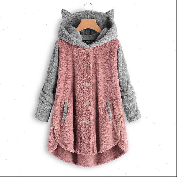 

cute cat ear hooded fleece jacket 2021 autumn winter fashion women girls warm fluffy long coat loose pockets overcoat outerwear, Black;brown