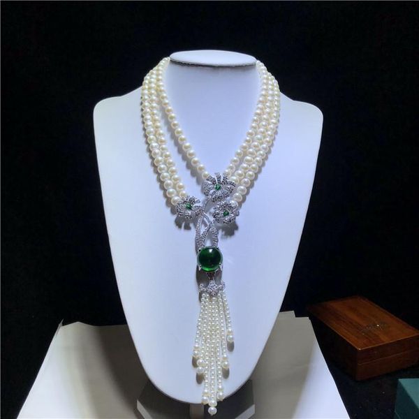 

chains hand knotted 3rows natural 8-9mm white freshwater pearl fashion necklace micro inlay zircon accessories, Silver