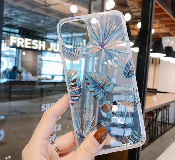 

10pcs/lot for iphone 12 mini 11 pro transparent flowers leaves case for iphone x xr xs max 8 7 6 plus se2 plating flamingo soft imd cover