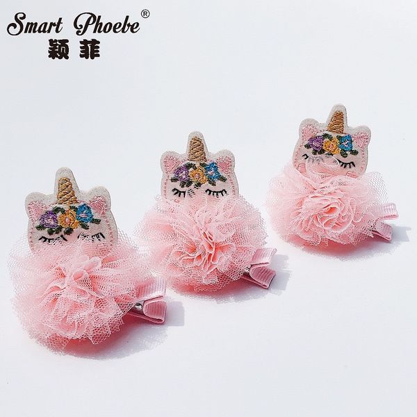 

boutique 15pcs fashion cute glitter embroidery unicorn hairpins pink tulle floral animal hair clips girls hair accessories princess headwear, Slivery;white