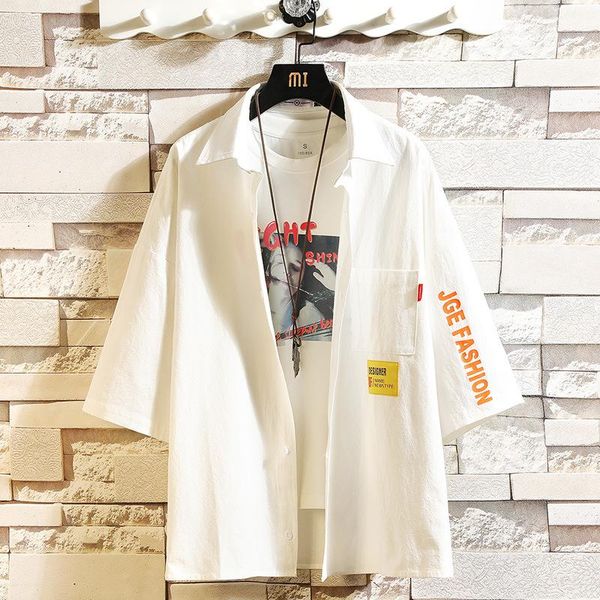 

men's casual shirts 2021 black shirt fashion pure cotton loose short-sleeved japanese print men, White;black