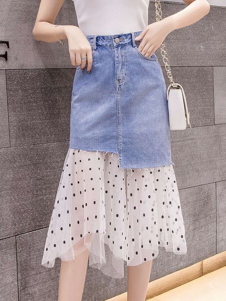 

hip hop new gauze summer 2021 wave dot spring children's and high waist denim medium length fishtail a-line hip skirt k, Blue