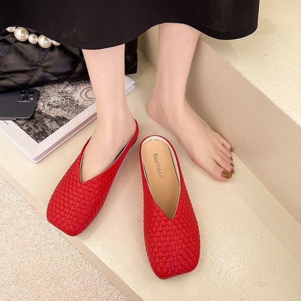 

2021 new spring summer shoes women's slippers solid color woven retro square head casual style lazy half slipper pantuflas mujer, Black