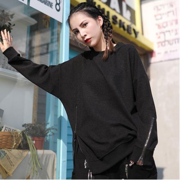 

women's hoodies & sweatshirts lanmrem 2021 spring solid color o-neck zipper sweatshirt women streetwear casual wild loose splice tide, Black