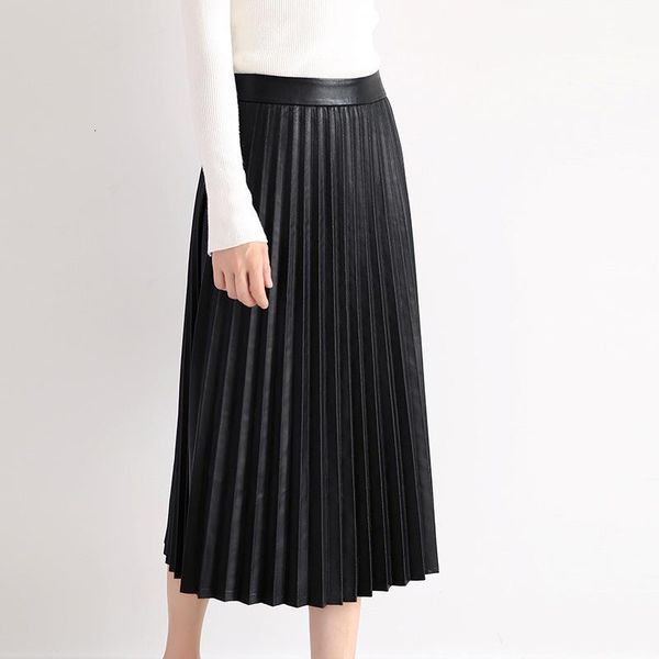 

skirts long pleated women genuine leather natural real sheepskin luxury runway designer lady skirt female black green plus size
