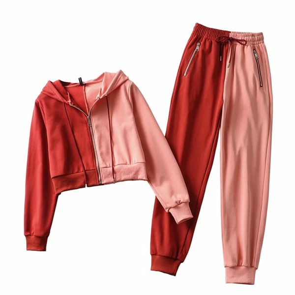 

[deat] new 2021 with hood zipper splicing sleeve long cordon high waist jacket pencil personality pants suit dp7o, Gray